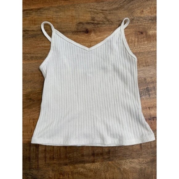 Old Navy Ivory White Ribbed Knit Tank Top Small Spaghetti Straps Stretchy V Neck - Picture 1 of 7